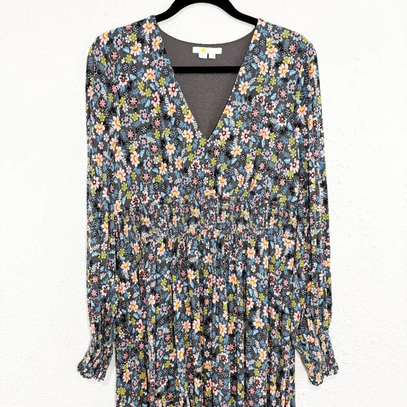 Boden Graphite Gray Opulent Leaf Print Long Sleeve Smocked V Neck Maxi Dress 12L - Picture 4 of 12